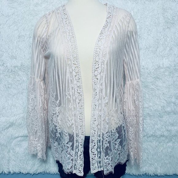 Xhilaration Pink Lace Open Cardigan Bell Sleeve XS - Picture 7 of 15